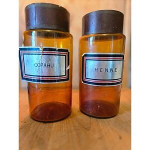 Vintage Amber Glass French Apothecary Jars 2 Copahu Henne Metal Lids Hand Blown
